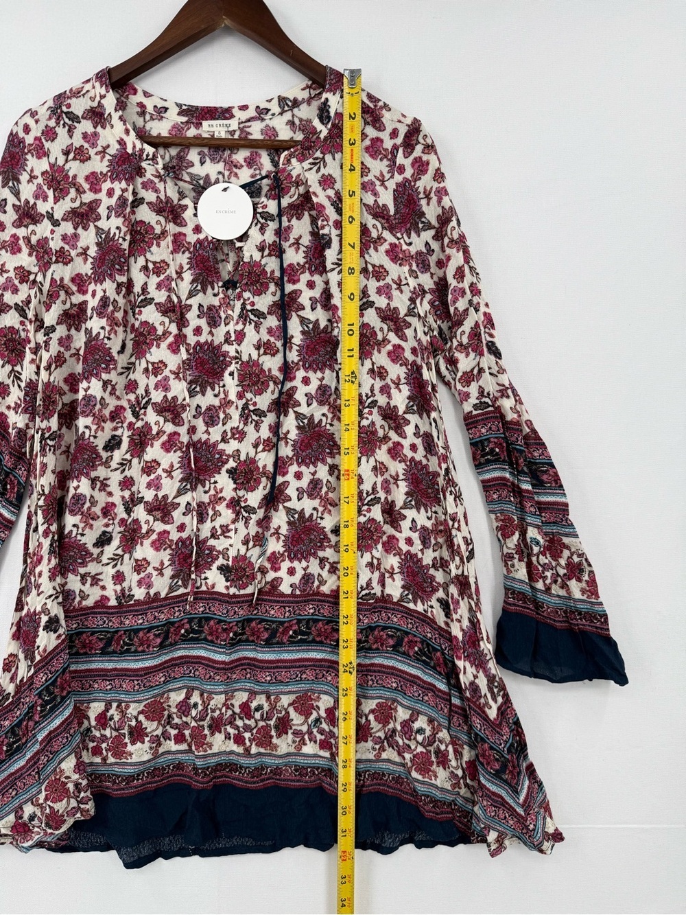 En Crème Floral Boho Dress Size S Bell Sleeve Tunic Pink Navy - Picture 8 of 11